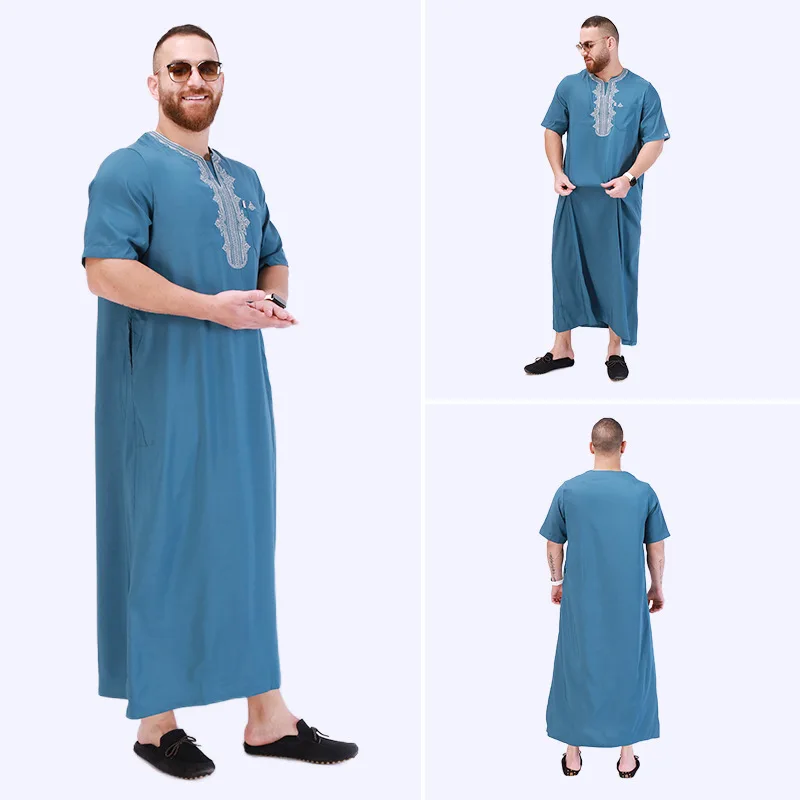 Islamic Clothing Jubba Thobe Muslim Robe Men Round Neck Embroidery Caftan Ramadan National Dress of Middle East Arab Traditional