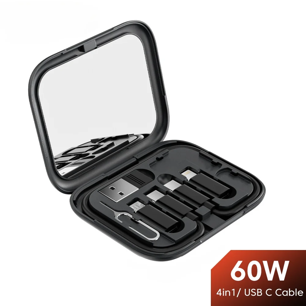 60 واط 4 في 1 كابل مزدوج من النوع C مجموعة سلك شحن سريع صغير صندوق تخزين مع حامل هاتف المحمول لشاومي/هواوي/سامسونج/آيفون