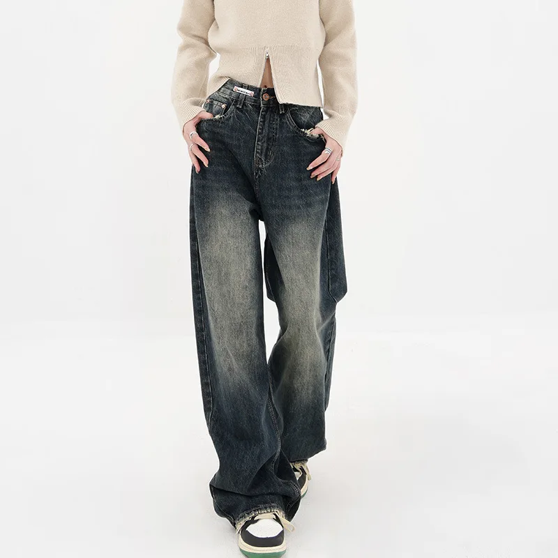 

Autumn Korean Style Clothes Vintage Dark Blue Jeans For Women High Waisted Loose Floor Pants Straight Leg Pants Casual Pants