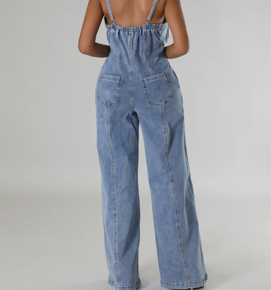 Combinaison en jean à bretelles pour femmes, mode décontractée et Sexy, pantalon à jambes larges