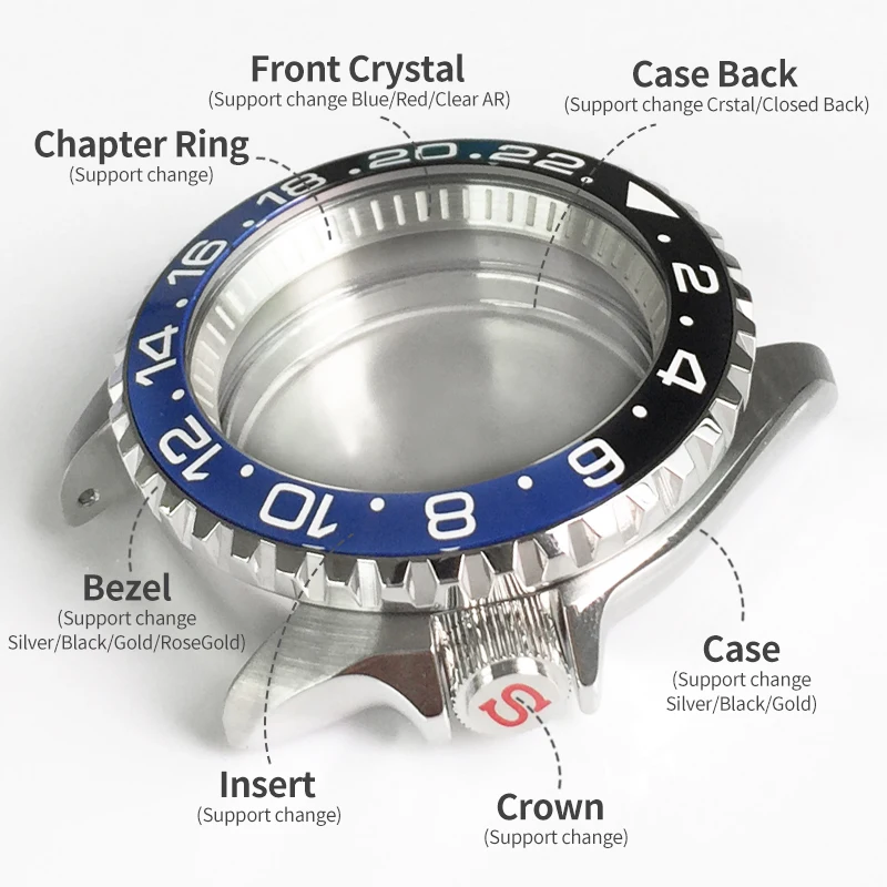 الفولاذ المقاوم للصدأ علبة ساعة ل NH35 NH36 حركة SKX007 SRPD مصقول لامعة وزارة الدفاع أجزاء مع الفصل حلقة تاج طوقا