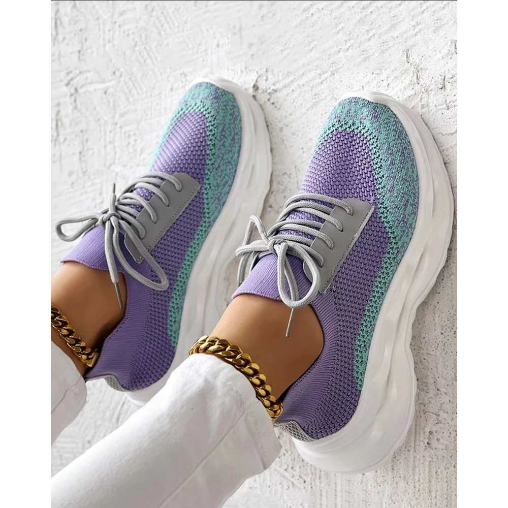 Women Colorblock Lace-up Breathable Sneakers Spring Autumn Round Toe Platform Sports Casual Shoes Going Out Korean Style