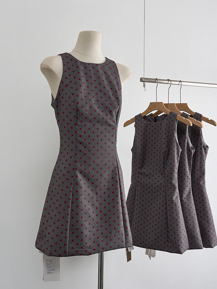 Woman Knit A-Line Dress O-neck Bodycon Sleeveless One-Piece Slim Frocks Polka Dot Chic Design Tide Gyaru French Elegance