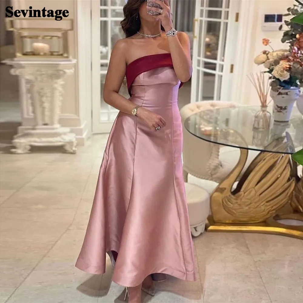 

Sevintage Pink Burgundy Satin Saudi Midi Prom Dresses Strapless Evening Gowns Ankle-Length Dubai Formal Party Dress Night Club