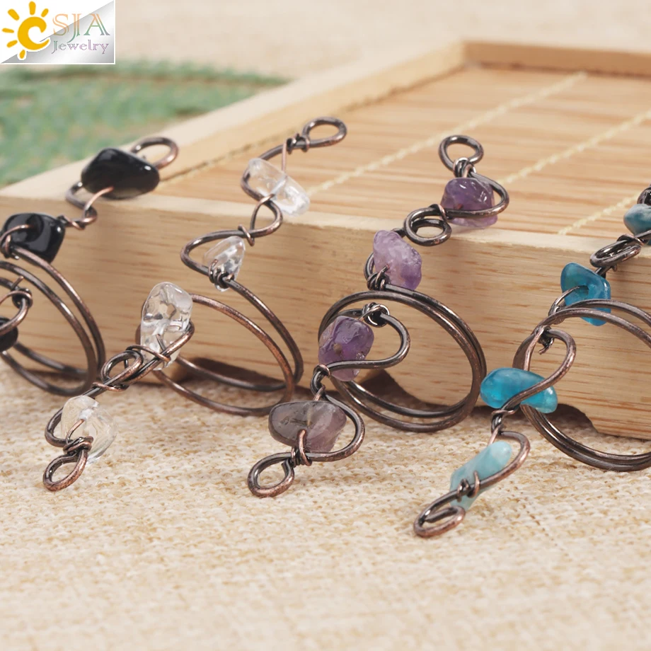 CSJA 7 Chakra Crystal Ring Natural Stone Wire Wrapped Chip Beads Pink Quartz Finger Rings Jewelry for Men Women Jewelry H331