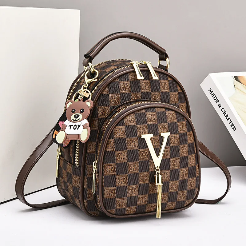 Vintage Plaid Girly Backpack Fashionable Contrasting Shoulder Women's Round Bag Simple Stitching Girl Crossbody Bag PVC Material