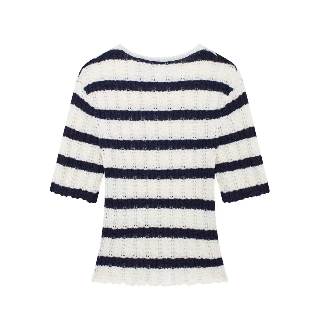 Round neck striped short-sleeved knitted sweater for women slim fit slim design niche short style fashionable and versatile