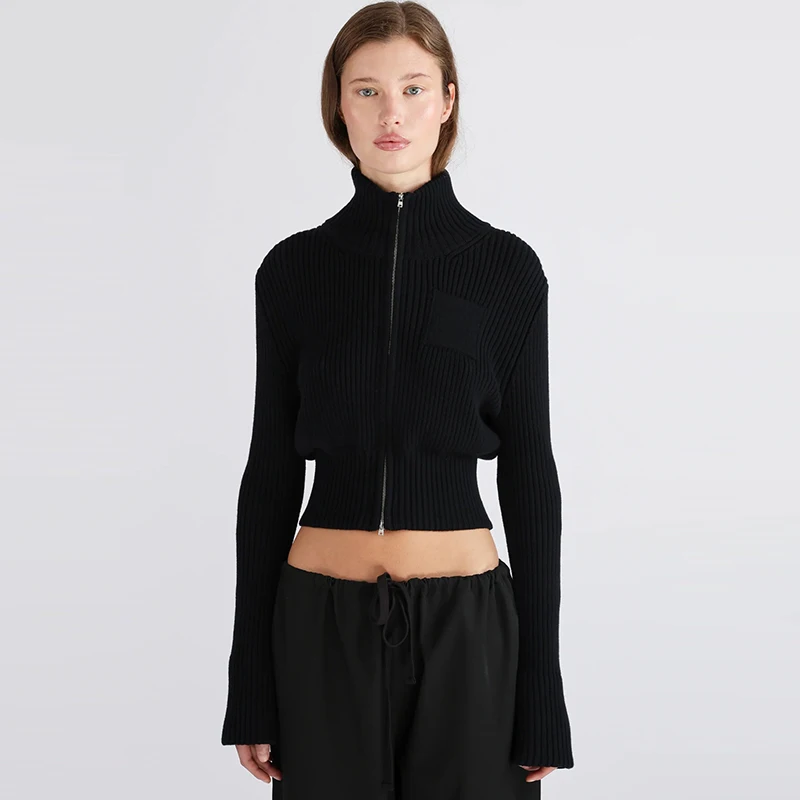 Oniflyme Mode Vrouwen Gebreide Trui Herfst Winter Rits Lange Mouw Slanke Vest Tops Streetwear Basic Casual Crop Truien