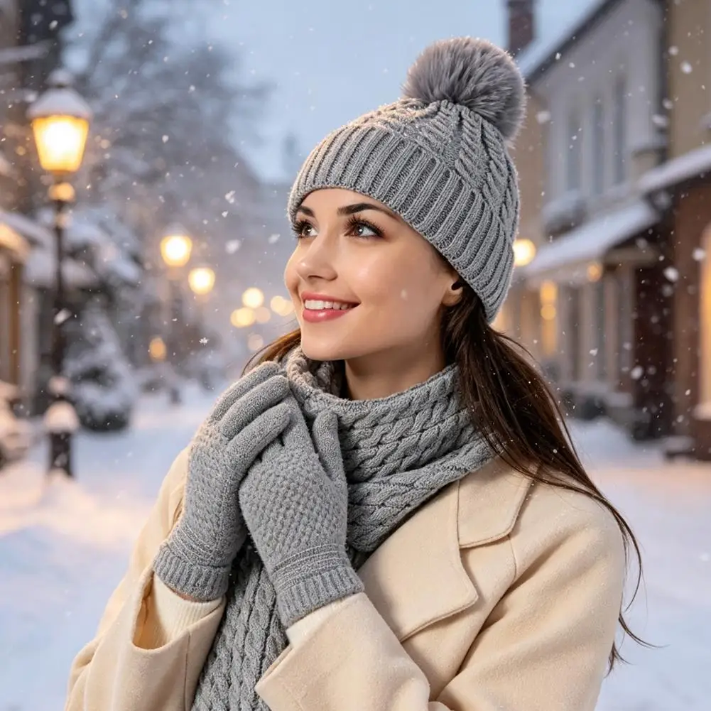 Women Winter Accessories Winter Hat Scarf Gloves Set for Women Warm Pompom 62-inch Knit Scarf Cozy Touchscreen for Weather