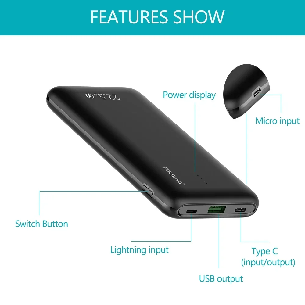 FERISING 5A VOOC Super Fast Charger 10000mah Power Bank USB Type C External Battery PD QC 3.0 Powerbank for Oneplus 6T 7 8 9 10