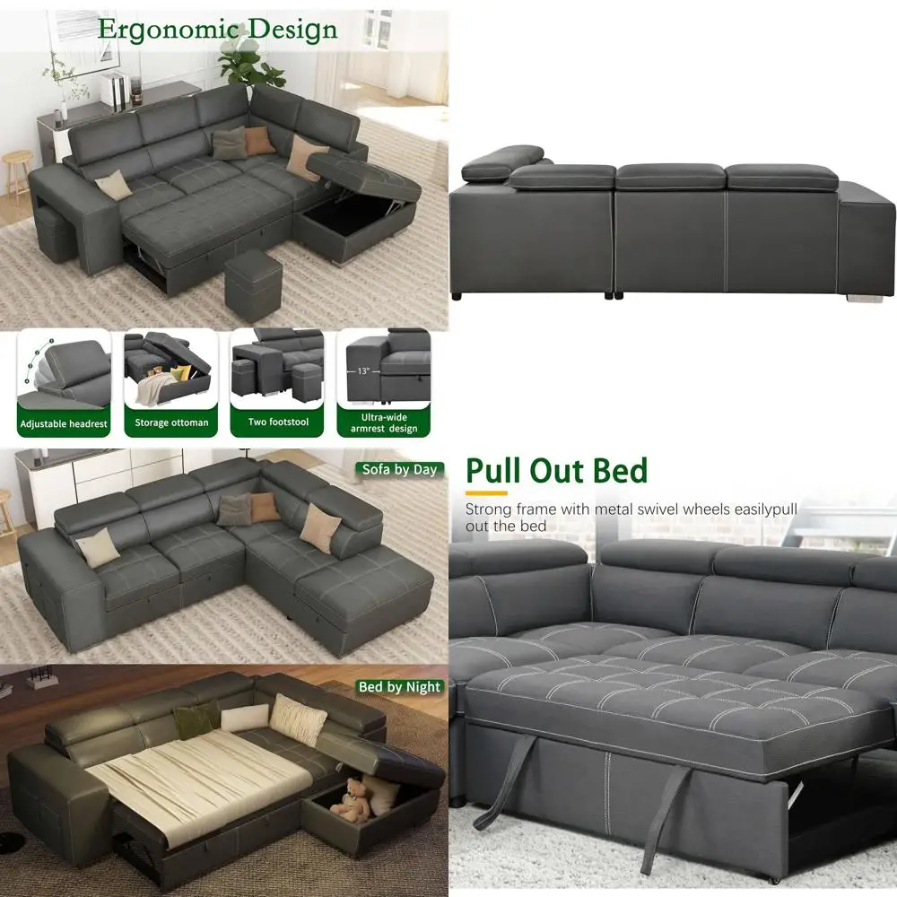 104'' Microiber L Shaped Sectional Sleeper Soa Couch with Pull Out Bed and Storage Ottoman, Convertible Couches with Adjustable