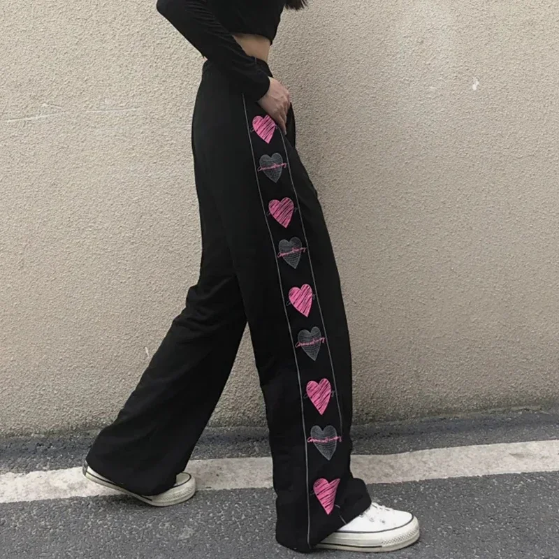 GIDYQ-pantalones de chándal con estampado de corazón para mujer, ropa de calle Y2k, Harajuku, informal, recto, coreano, suelto, cintura elástica, pierna ancha