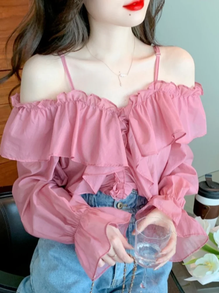 Spring Summer Women's Sexy One Word Collar Ruffles Shirt Women Lantern Sleeve Korean Style Simple All-match Backless Blouse Top