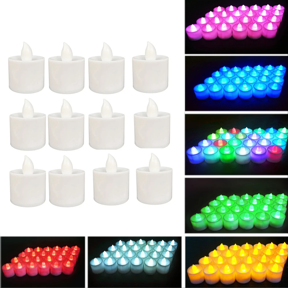 Mini velas LED de 12 Uds., velas de té LED sin llama, lámpara de noche reutilizable, candelita votiva, decoración romántica para el hogar