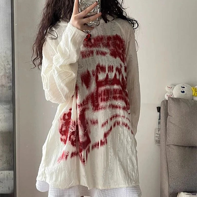 Chic Hooded Sweatshirt Women Korean T Shirt Punk Print White Jacket Hollow Out Top Spring Fashion All Match Loose Female Tees