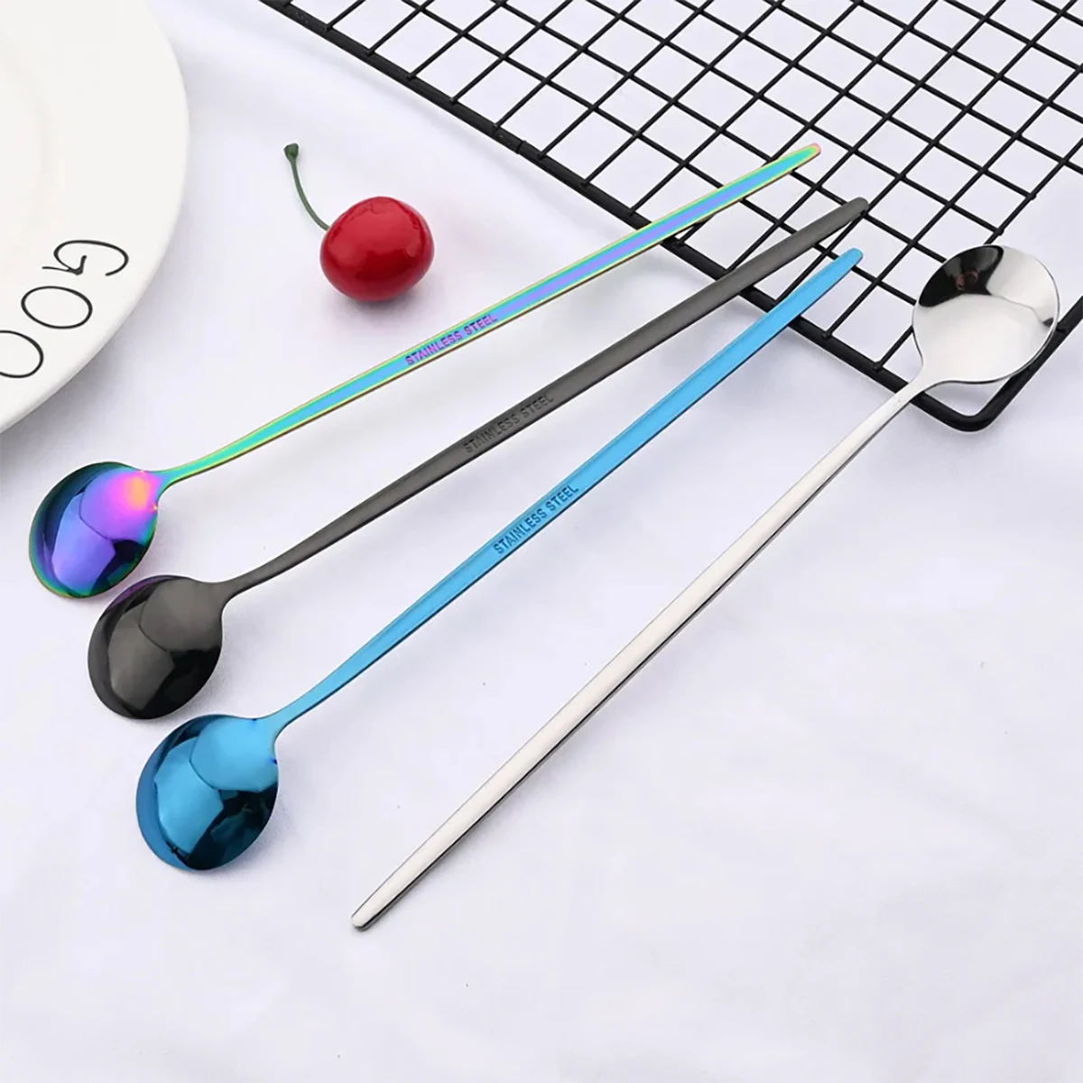 6pcs Ice Cream Cpoons Dinnerware Set Stainless Steel Metal Spoons Long Handle Stirring Spoon Juice Shakes Bars Kitchen Tools