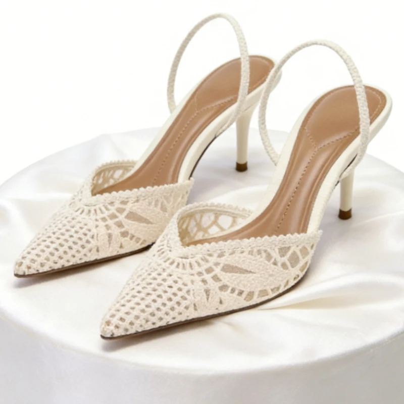 

2026 Summer High-heeled Sandals Women Pointed Toe Woven Hollow Out Mesh High Heels for Ladies Wedding Party Banquet Dress Shoes