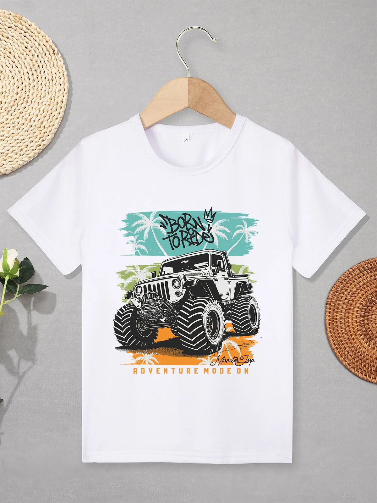 Monster Truck Hipster Boys Shirt Summer Outdoor Adventure Fashion Children\'s Clothing Short Sleeve Black Tops Street Casual Tees