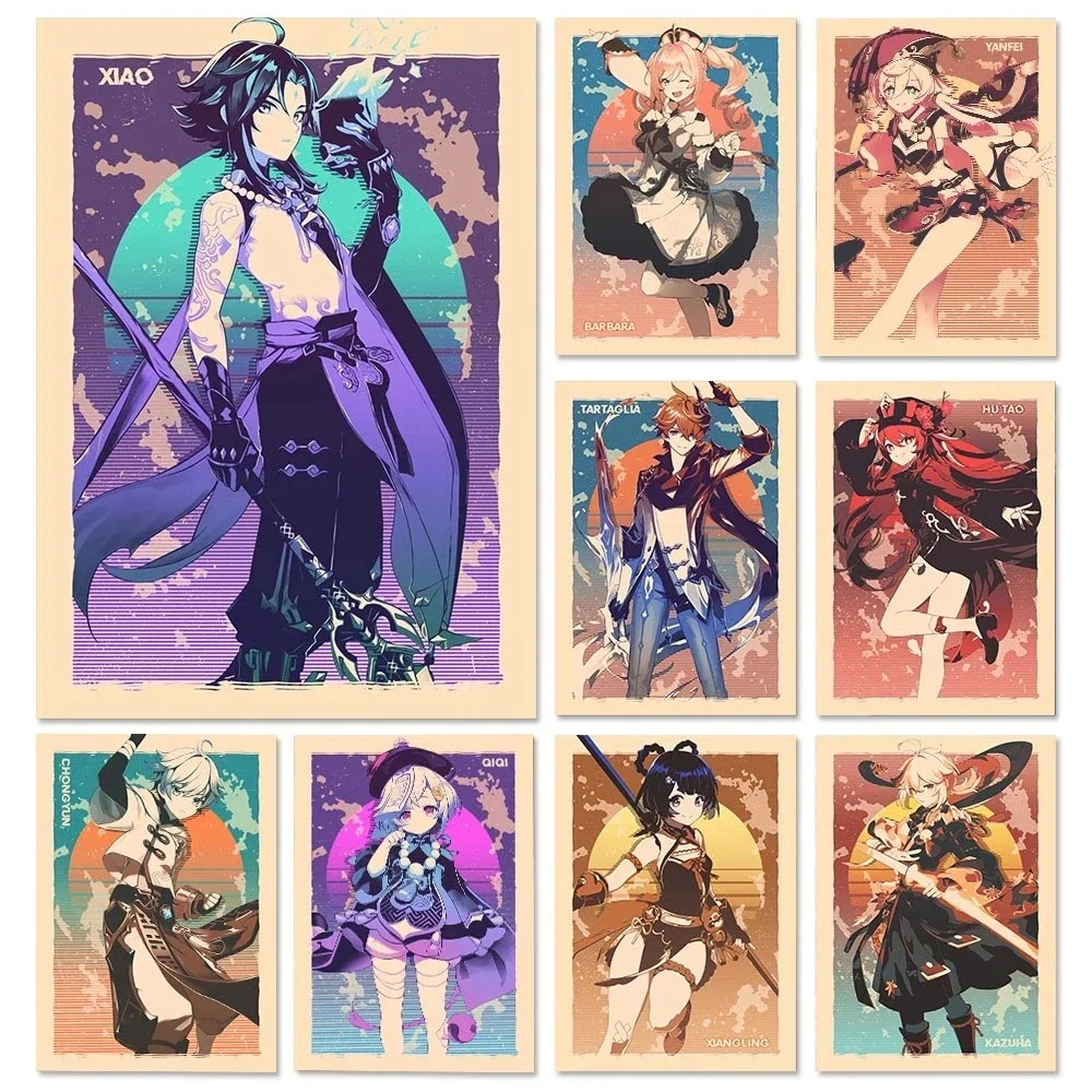 Genshin Game Retro Canvas Poster Ganyu Hu Tao Game  Wall Hanging Painting Anime Wall Art Pictures and Print for Home Room Dec
