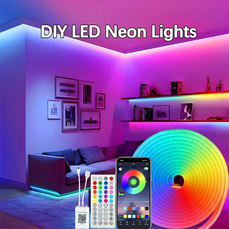

Умный светодиодный неоновый веревочный светильник RGB с приложением и дистанционным управлением, гибкий многоцветный светодиодный светильник 24 В, синхронизация музыки для спальни и рождественского декора