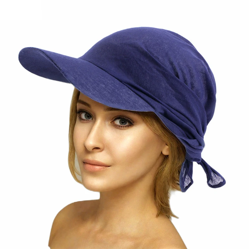 Women Brim Bandana Scarf Cap Sun Visor with Pre-Tied Turban Cotton Headscarf Head Cover Hair Loss Scarf Wrap Beach Outdoor Hat