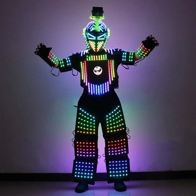 Full Color Pixel LED Robot Suit Costume Traje LED Lights Luminous Jacket Clothes Performance Wear Helmet With Laser Gloves