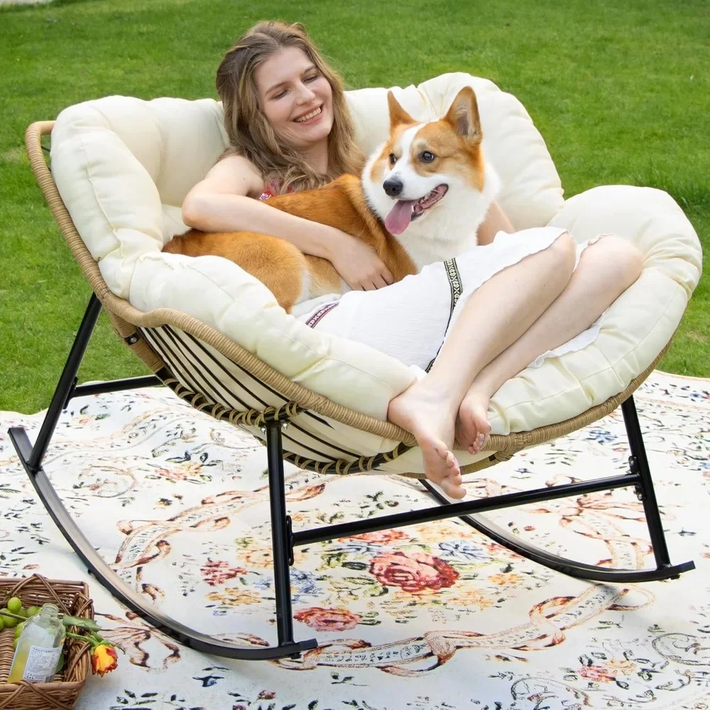 كرسي هزاز باباسان داخلي خارجي، كرسي هزاز كبير الحجم 450 رطل من الخيزران الروطان باباسان مع وسادة، صالة الفناء #4