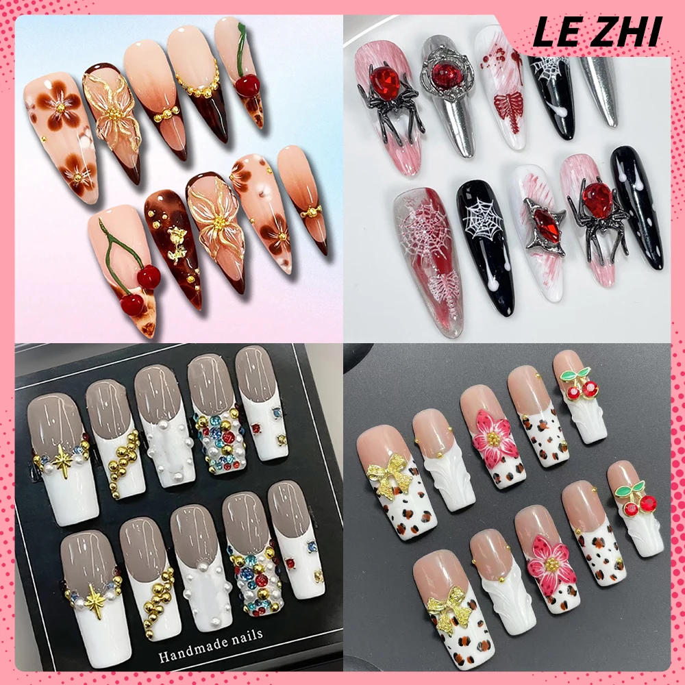 

10Pcs Spice Girl Long Stiletto Almond Handmade Press On Nails 3D Flowers Magic Mirror Powder Diamond Spider Wearable Fake Nails