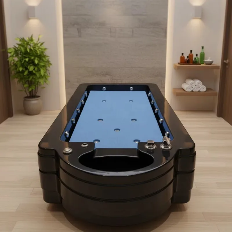 Modern freestanding spa bath, massage shower bed, salt bath wellness bath, fiberglass, with drainage 19 showerheads for 1 person