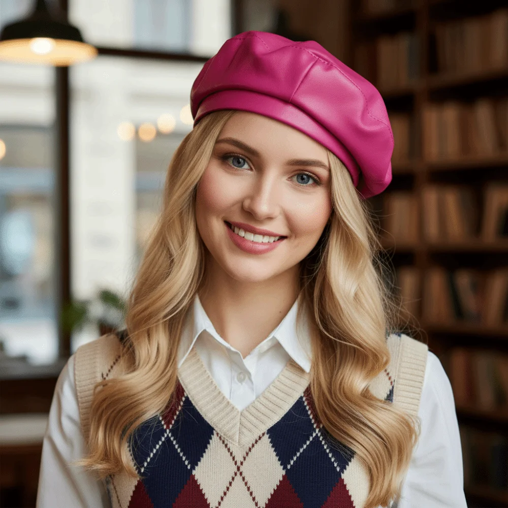 

Casual Solid Color PU Beret Retro British Style Flat Top Korean Y2K Artist Hat Girl
