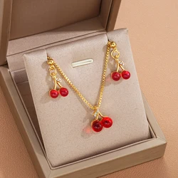 3PCS Exquisite Red Cherry Pendant Jewelry Sets For Women Fashion Gold Color Crystal Necklaces Stud Earrings Party Birthday Gifts