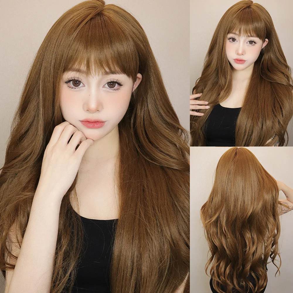 Brown Wigs with Bangs Long Layered for Women Synthetic Wig Heat Resistant Natural Looking Wigs for Daily Party Use