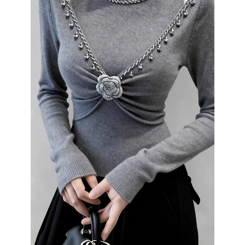 

Вязаная облегающая футболка в стиле ретро в американском стиле, женская внутренняя одежда, осенне-зимняя футболка с вырезами, длинный рукав с объемным цветком...