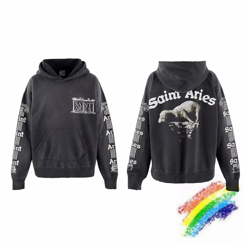 Washed Saint Aries Hoodie Men Women Vintage Pullover