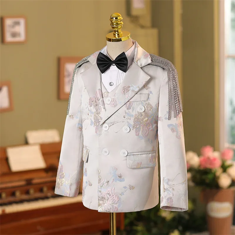 5PCS New Children\'s Prom Suits Wedding Birthday Party Host Piano Performs a Walk Show Tuxedo Boys Blazer Sets A4110 Vestidos