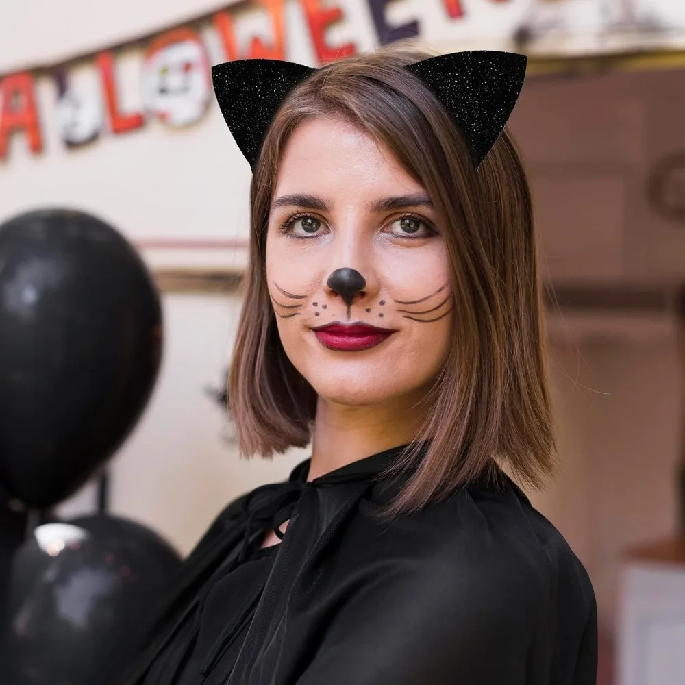 Shinny Halloween Cat Ear Headband Fabric Wrapped Universal Cat Ear Hair Hoop with Non-slip Buckle Dress Up Head-wear