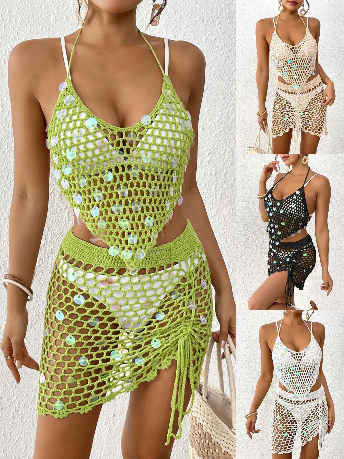 

New Summer 2pcs Sexy Women's Sequin Knit Sets See Through Backless Halter Tops Mini Skirt Matched Bikini Vacation Beachwear