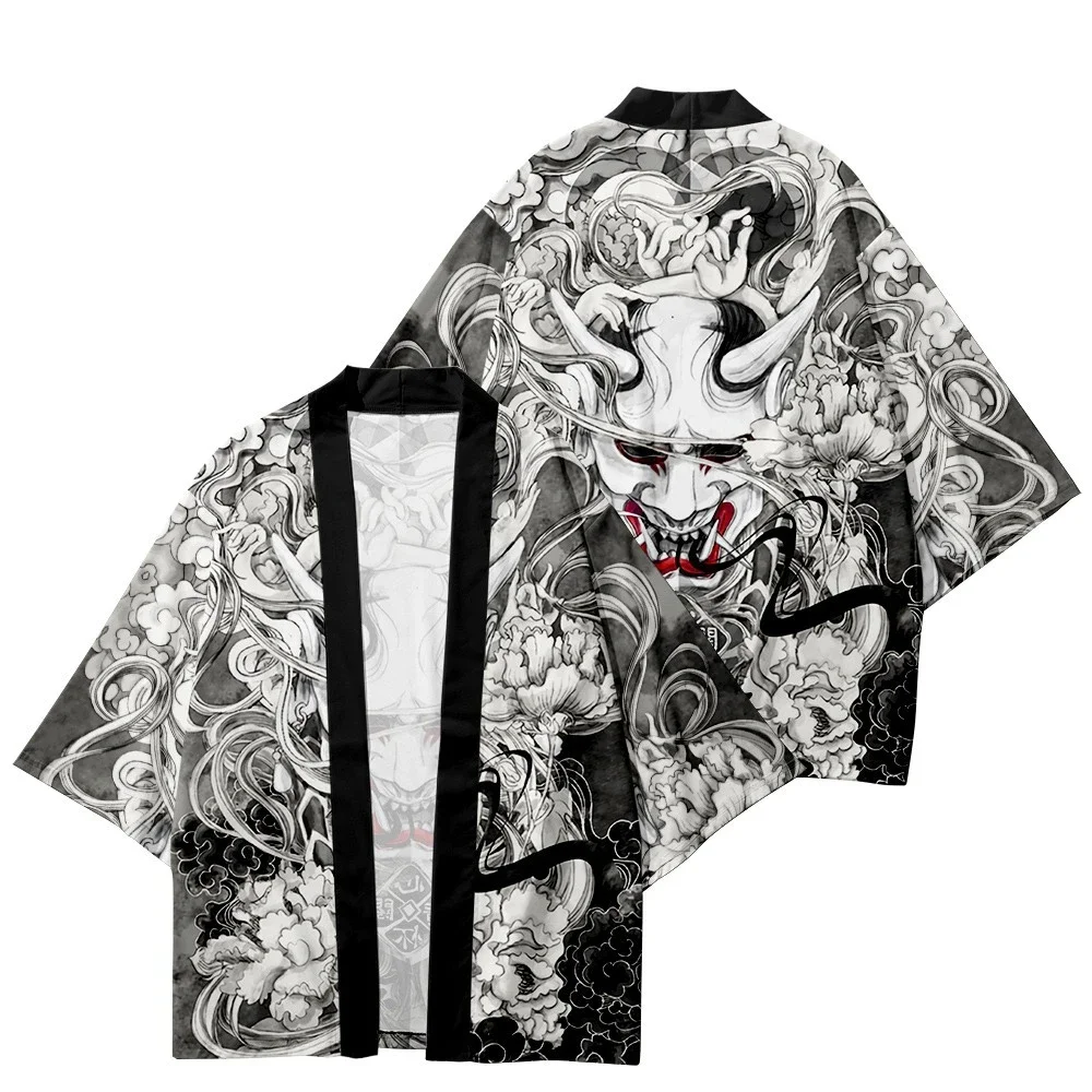 Demon Print Samurai Shirt Clothing Traditional Haori Kimono Women Men Japanese Anime Asian Streetwear Cardigan Yukata Cosplay