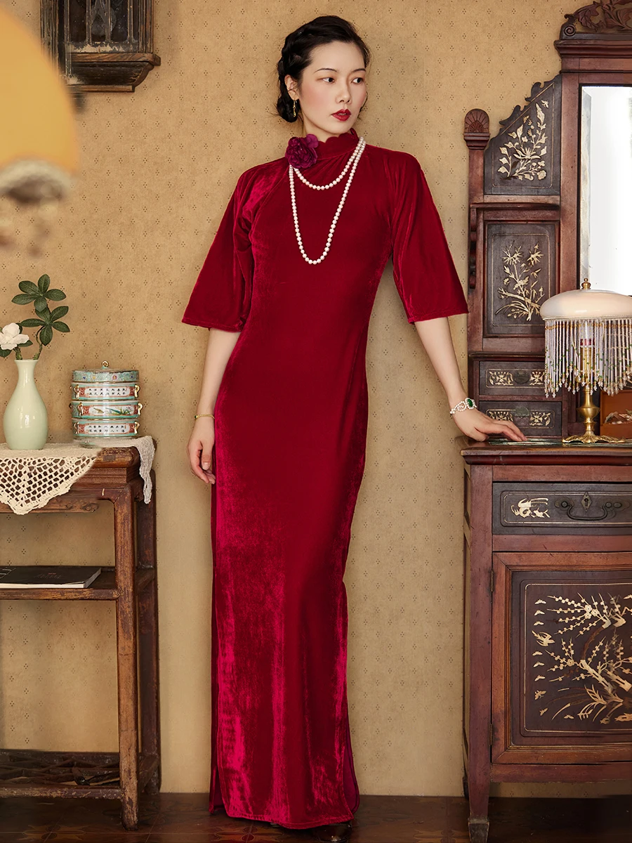 

Красное бархатное платье с волнистым воротником, винтажное вечернее платье с низким разрезом, длинная юбка из полиуретана, эластичного волокна, полиэстера