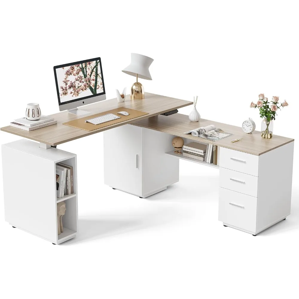 

L-Shaped 63" Electric Height-Adjustable Desk with 3-Drawer File Cabinet for Home Office Executive Use