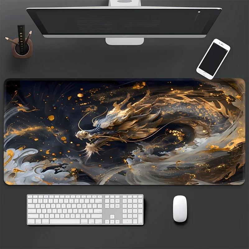 لوحة ماوس ألعاب ممتدة مع تنين أسود مهيب، قاعدة مطاطية غير قابلة للانزلاق بحواف مخيطة لديكور المنزل والمكتب والكمبيوتر الشخصي #2