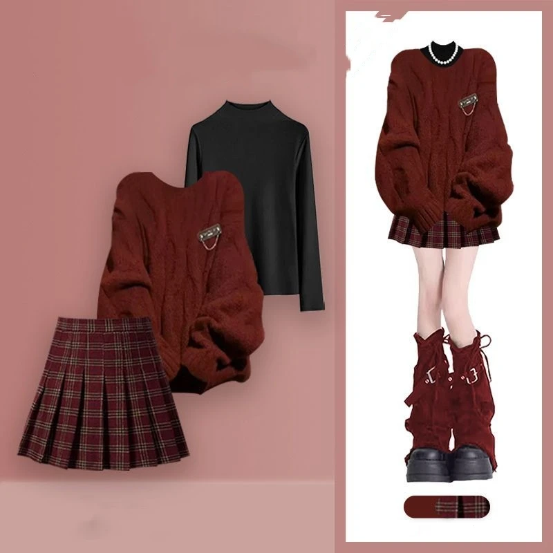 

Women Autumn Winter Preppy Style Sweater Bottoming Plaid Skirts Three Piece Set Lady Lucky Red Knit Pullover Tops Skirt Outfits