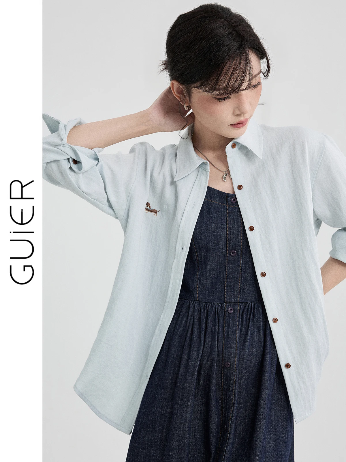 

Guier Summer 2026 Women's Loose Casual Embroidered Shirt Dog Pattern Elegant Atmosphere Fashionable Versatile Long Sleeve Pol...