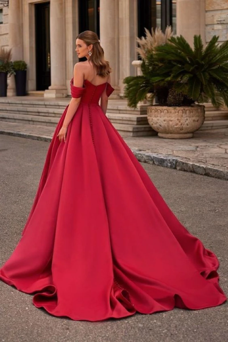 Vestidos de Noche rojos sencillos para mujer, vestido largo de fiesta personalizado con hombros descubiertos de satén, corte en A, Formal, para boda, 2024