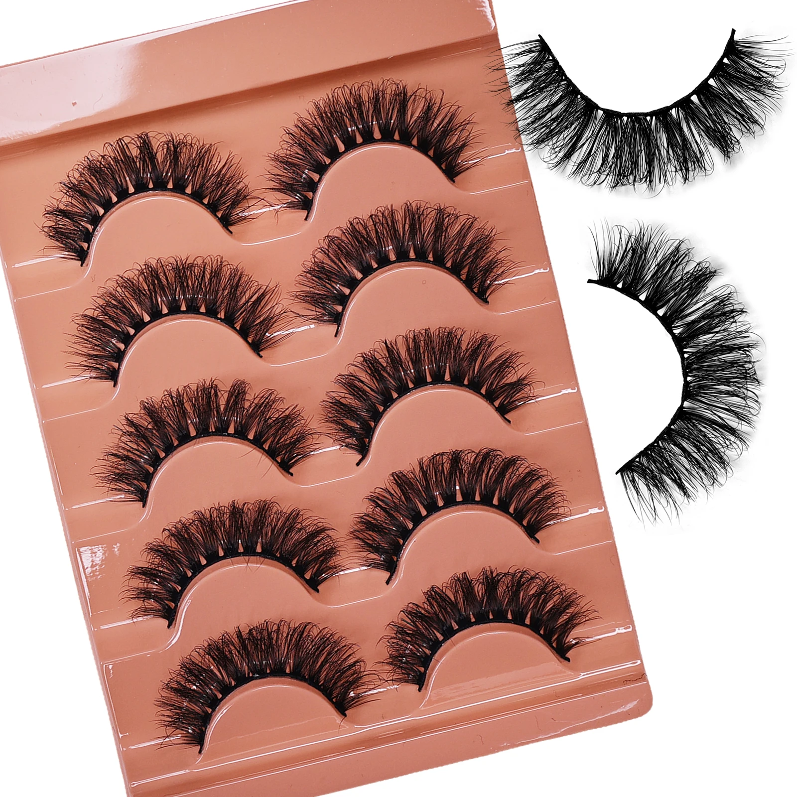 ふわふわつけまつげ5組、太くてふわふわまつげ、ドラマティックなアイメイクに最適