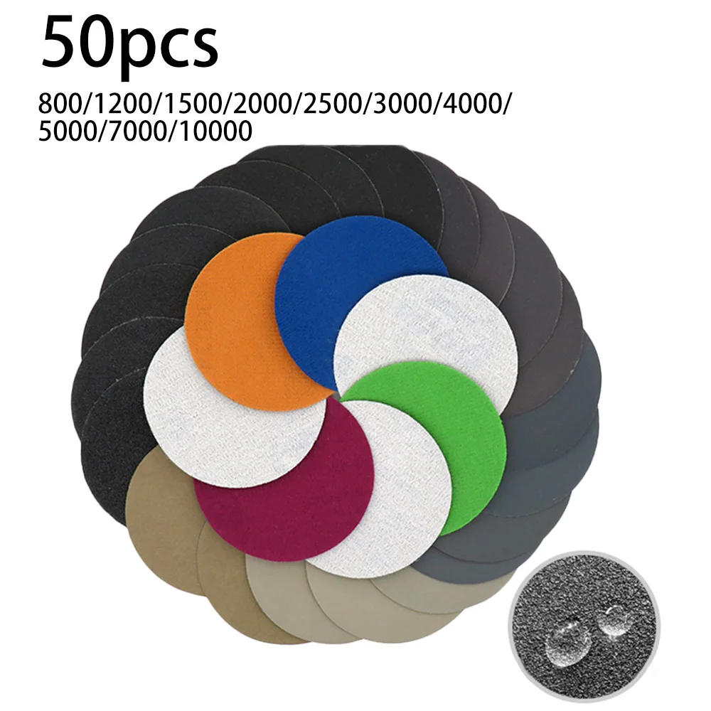 50pcs 3inch Sanding Discs Wet/Dry Sandpaper 800/1200/1500/2000/2500/3000/4000/ 5000/7000/10000 Grit Hook Loop Round Sander Disc