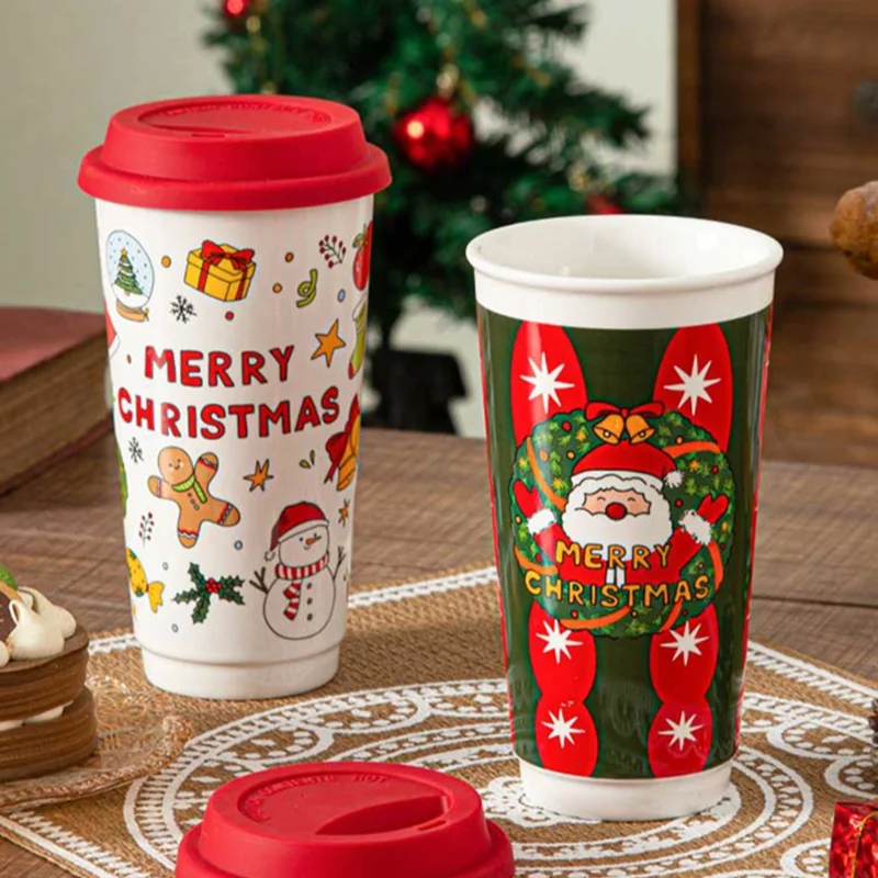 

Чашка Miniso Санта-Клаус, кофейная чашка для завтрака, милая кружка со снеговиком и крышкой, большая емкость, 580 мл, чашка для воды, рождественский изысканный подарок