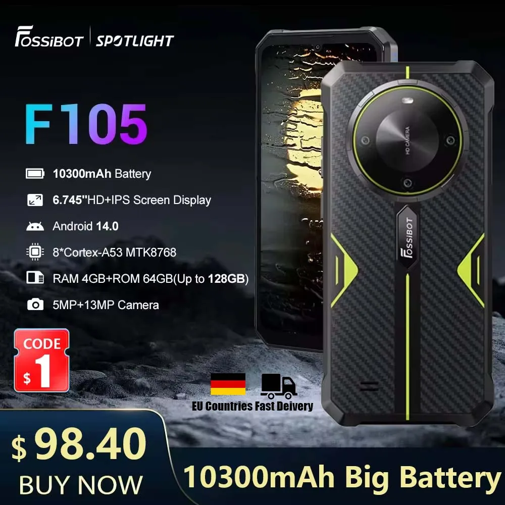 FOSSiBOT F105 Rugged Smartphone 10300mAh Battery 20MP+8MP Camera Cell Phone 12GB RAM+ 64GB ROM IP68/IP69K &MIL-STD-810H Phone