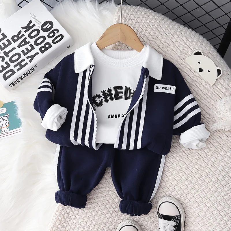 Spring and autumn new baby letter long sleeve suit 0-5 year old boys striped cardigan coat three piece casual simple sportswear