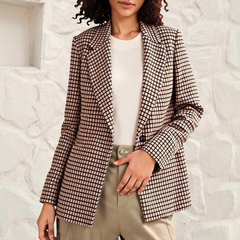 

Mia Mia Muse Select Женские пиджаки Осень-зима Офисные женские повседневные базовые клетчатые пиджаки на пуговицах спереди с длинными рукавами и лацканами